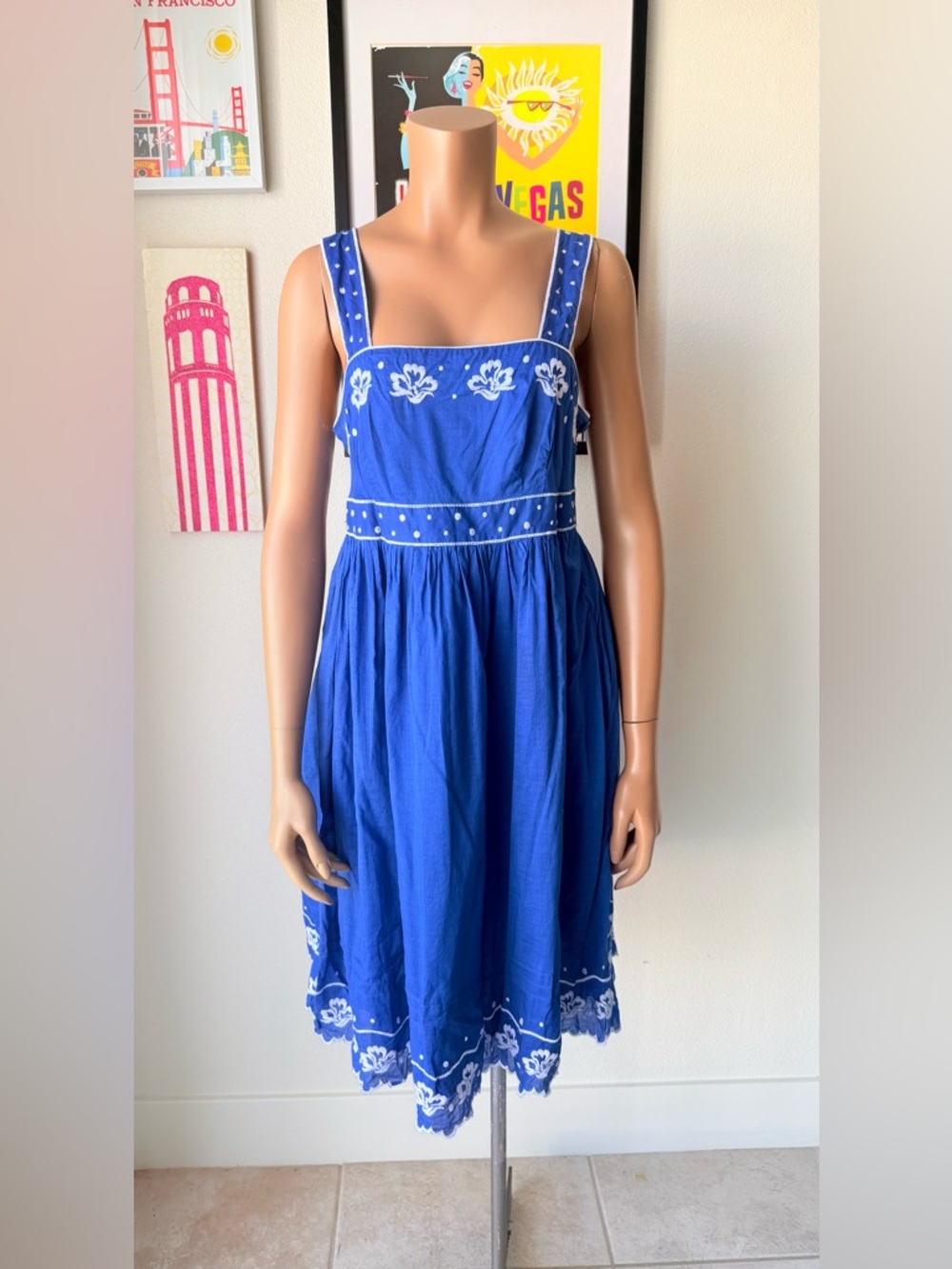 Carole Little Blue Dress with White Embroidery